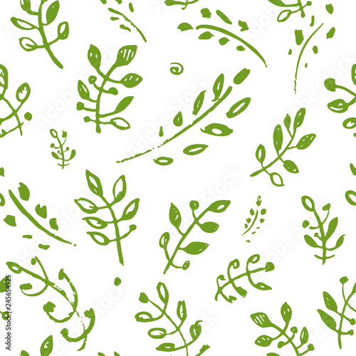 Vector hand drawn doodle green sprigs leaves seamless pattern. Nature graphics background. Trendy design concept for fashion textile print.