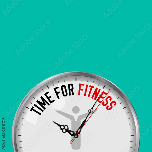 Time for Fitness. White Vector Clock with Motivational Slogan. Analog Metal Watch with Glass. Athlete Icon