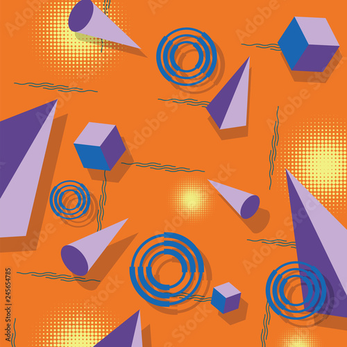 Abstract geometric pattern. Memphis style. Retro, bright colorful. Trendy colors. 3d pyramids, cubes and cones. Composition. (ID: 245654785)