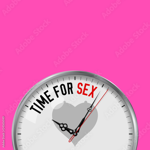 Time for Sex. White Vector Clock with Motivational Slogan. Analog Metal Watch with Glass. Heart and Boobs Icon