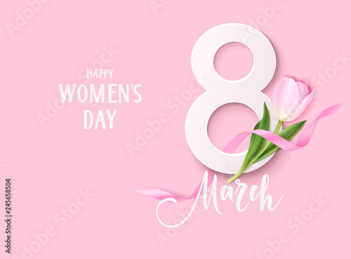 Happy Womens Day. 8March design template. Decorative number with pink ribbon and tulip flowers isolated on pink background. Vector illustration