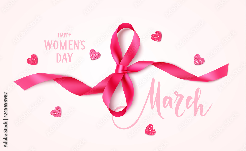 8 march. Happy Women's day design template. Decorative pink bow and heart confetti with text on pink background. Vector illustration - obrazy, fototapety, plakaty 