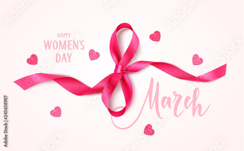 8 march. Happy Women's day design template. Decorative pink bow and heart confetti with text on pink background. Vector illustration