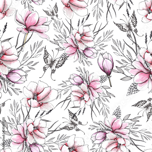Floral watercolor and sketching wedding handpainted seamless patterns with delicate pink and monochrome flowers