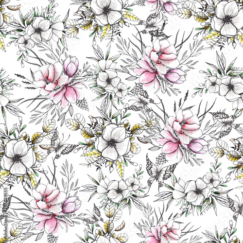 Floral watercolor and sketching wedding handpainted seamless patterns with delicate pink and monochrome flowers