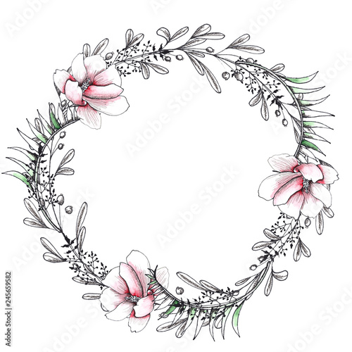 Floral watercolor and sketching wedding handpainted wreaths with delicate pink and monochrome flowers