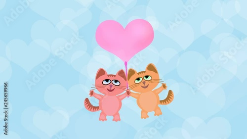 Cat boy and cat girl fly in a heart-shaped balloon