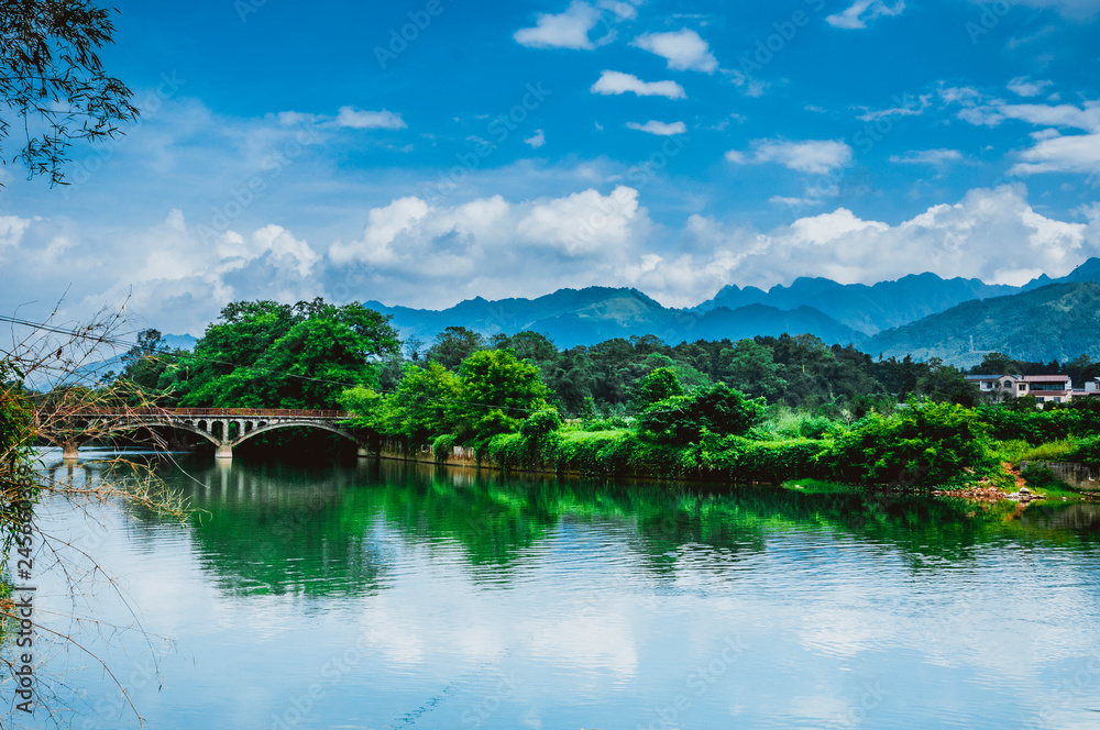 The river and mountains scenery in spring