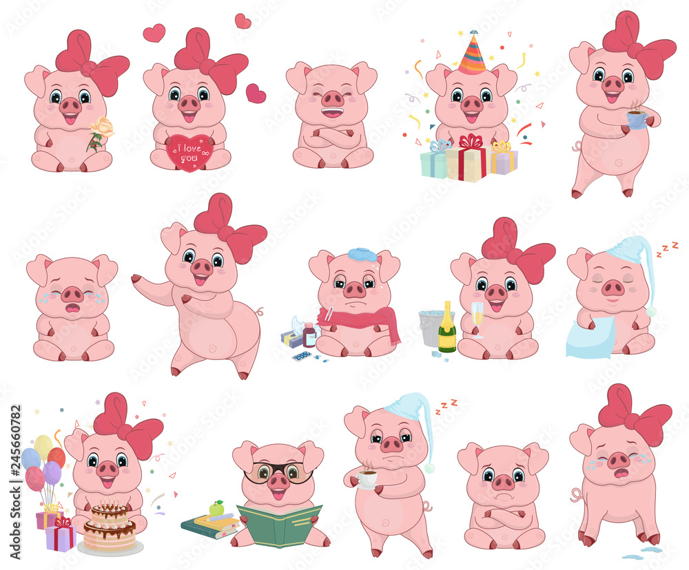 Set vector illustrations isolated on white. Character cartoon Pig stickers emoticons with different emotions for site, infographics,  animation, websites, e-mails, newsletters, reports, comics. Vector