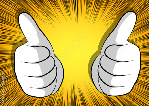 Vector cartoon hands making thumbs up sign. Illustrated hand expression, gesture on comic book background.