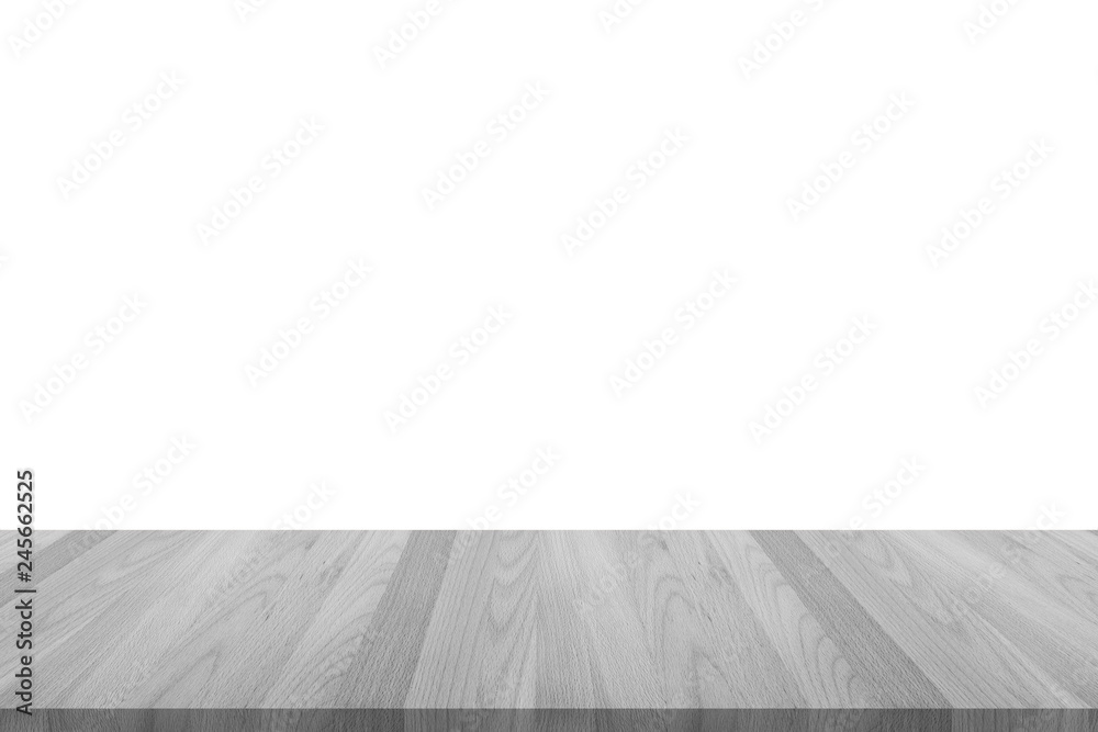 Wood floor or wooden table top isolated on white wall room background in light grey