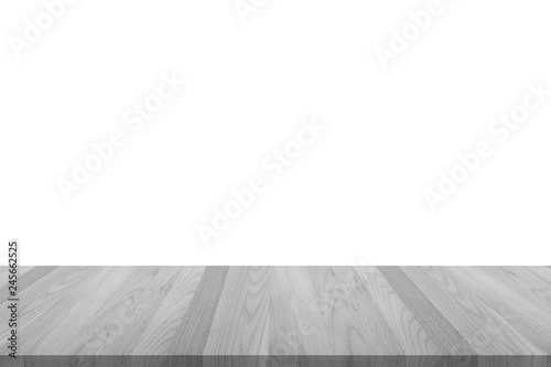 Wood floor or wooden table top isolated on white wall room background in light grey