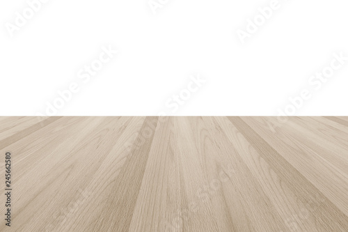 Isolated wood floor or tabletop on white wall background in light sepia brown color