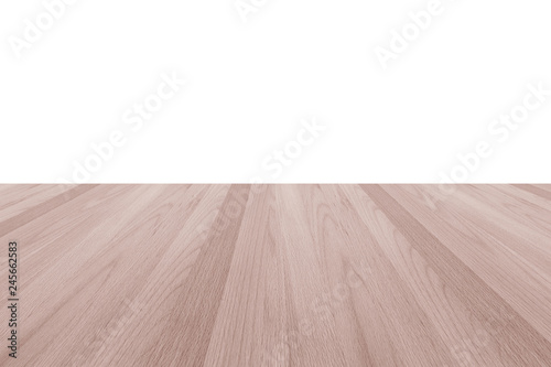 Isolated wood floor or table top on white wall background in light red oak brown color