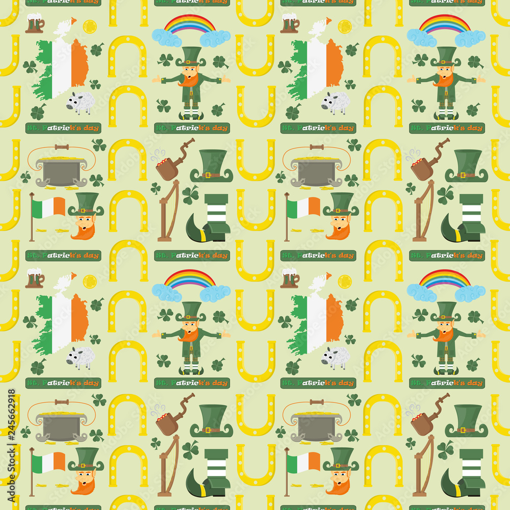 illustration of a seamless pattern_6_of Irish design for St. Patricks day celebration, drawn in flat style illustration of a seamless pattern_6_of Irish design for St. Patricks day celebration, drawn in flat style