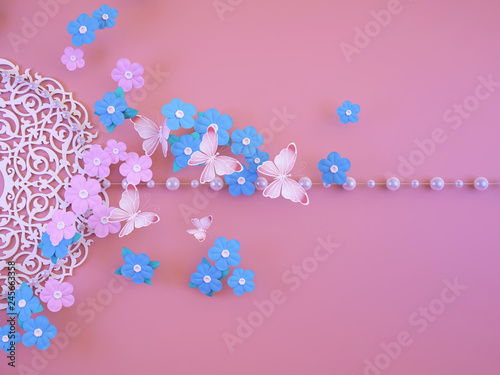 Congratulations on the international women's day on March 8. Floral background with forget-me-nots and butterflies. 3D illustration
