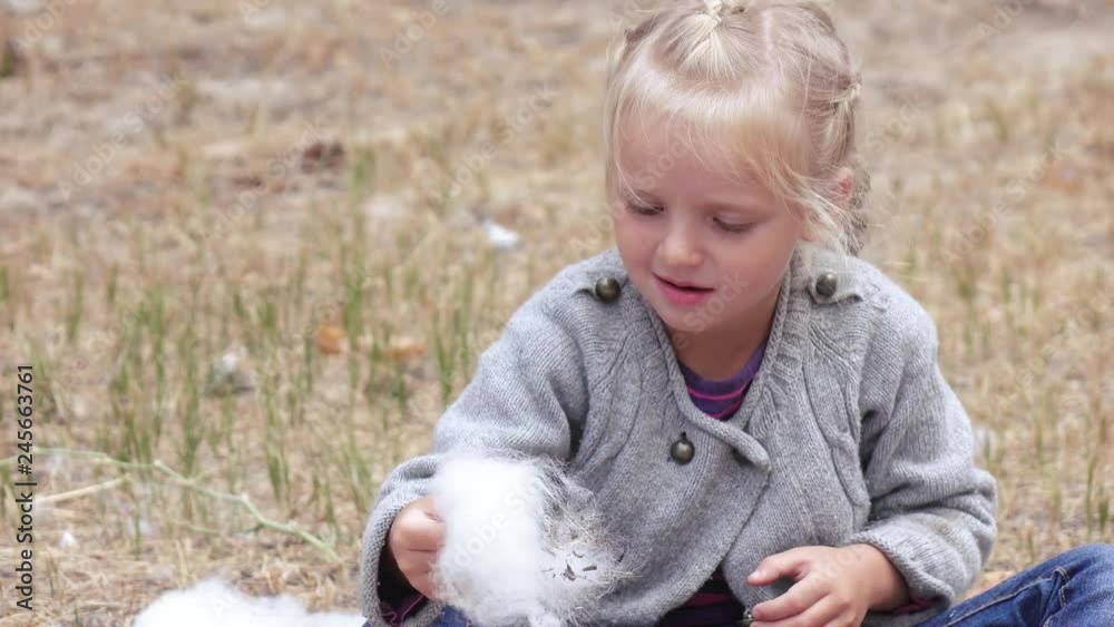 Girl child blowing fluff of bulrush Girl child blowing fluff of bulrush
