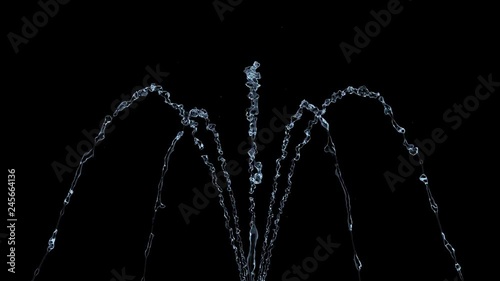 4K slow motion blue water fountain isolated on a black background with alpha matte