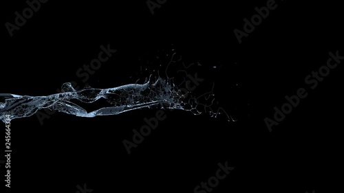 4k slow motion 3d blue vortex water flow with a splashes isolated on a black background with alpha matte