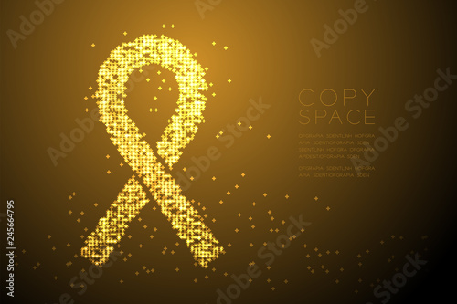 Ribbon shape Abstract Cross Bokeh light pattern, World cancer day concept design gold color illustration isolated on gold gradient background with copy space