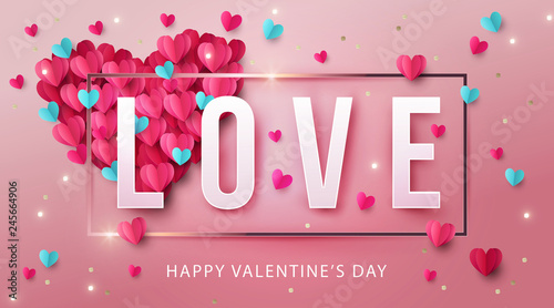 Happy Valentine’s Day background. Banner, poster or flyer design with big heart made of pink and blue Origami Hearts, gold glitter and Love inscription. Paper art, digital craft style. Vector illustra