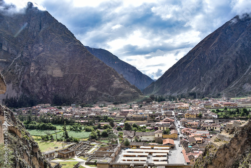 Cusco, Peru - Oct 22, 2018: Views over the town from the Ollantaytambo archaeological site in the Sacred Valley