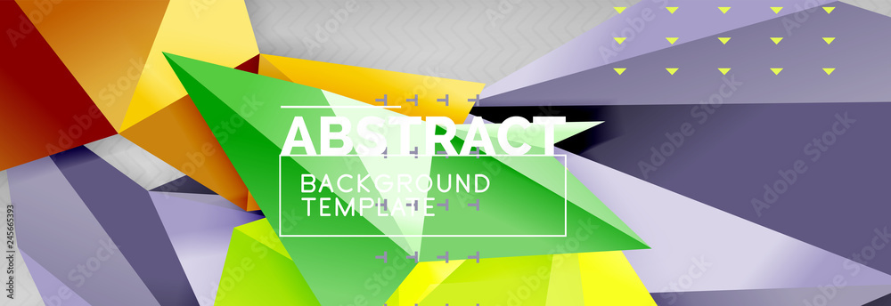 Mosaic triangular 3d shapes composition, geometric modern background. Triangles and polygons design