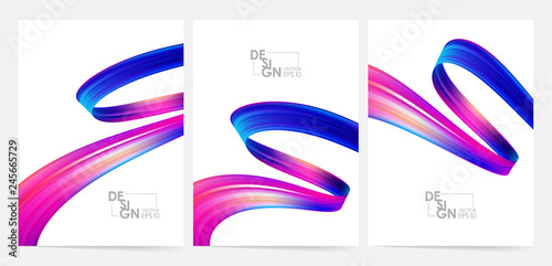 Vector illustration: Set of three blank poster with 3d twisted colorful flow liquid shape. Acrylic paint design