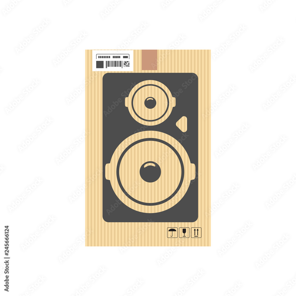 Mock up of speaker in carton box. Moving and delivery services. Vector illustration Mock up of speaker in carton box. Moving and delivery services. Vector illustration