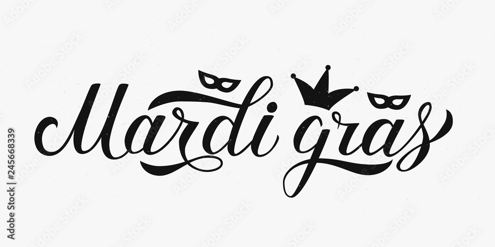 Mardi Gras calligraphy hand lettering. Fat or Shrove Tuesday sign in retro style. Traditional carnival in New Orleans. Easy to edit vector element of design for banner, flyer, party invitation, etc Mardi Gras calligraphy hand lettering. Fat or Shrove Tuesday sign in retro style. Traditional carnival in New Orleans. Easy to edit vector element of design for banner, flyer, party invitation, etc
