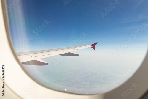 View from the window of an airplane in the sky