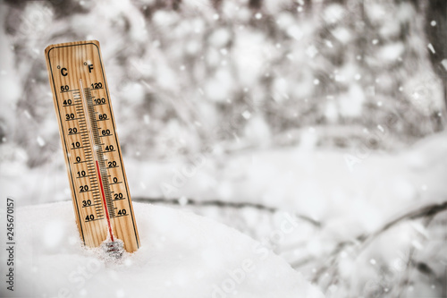 thermometer with subzero temperature stuck in the snow in the winter forest