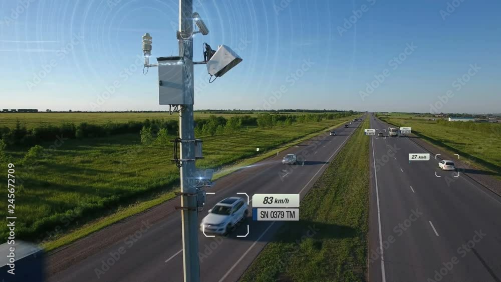 Traffic speed radar tracking control illustration with infographic automobile car automatic speed detection and send information to police center. Artificial intelligence work White infographic design