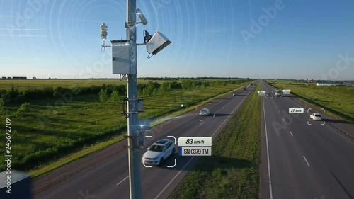 Traffic speed radar tracking control illustration with infographic automobile car automatic speed detection and send information to police center. Artificial intelligence work White infographic design