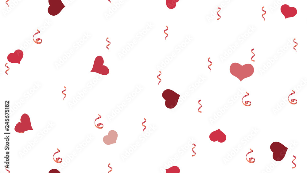 Vector Seamless Pattern on a White fond. Light Pattern of Hearts and Serpentine. Element of packaging, textiles, wallpaper, banner, printing. Flying Red confetti.