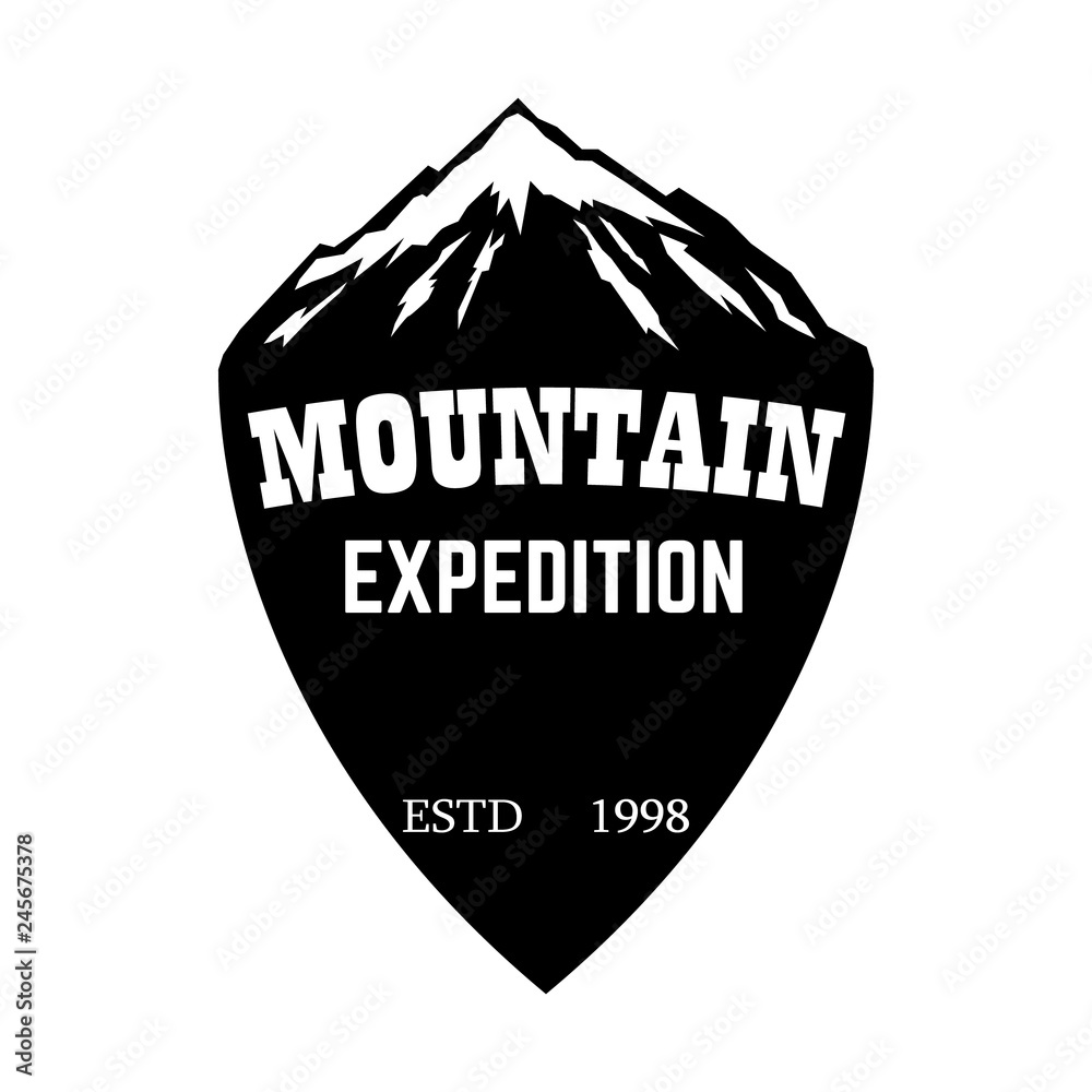 Mountain expedition. Emblem template with mountain peak. Design element for logo, label, emblem, sign.