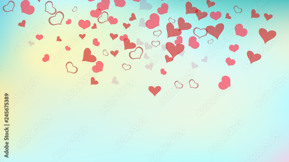 The idea of wallpaper design, textiles, packaging, printing, holiday invitation for birthday. Red hearts of confetti are flying. Light background. Red on Gradient background Vector.