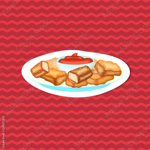 Delicious chicken nuggets with sauce - sticker on red striped background. Graphic design elements for menu, advertising, poster, brochure or background. Vector illustration of fast food.