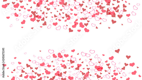 Design element for wallpaper, textiles, packaging, printing, holiday invitation for wedding. Red on White fond Vector. Red hearts of confetti are flying. Romantic background.