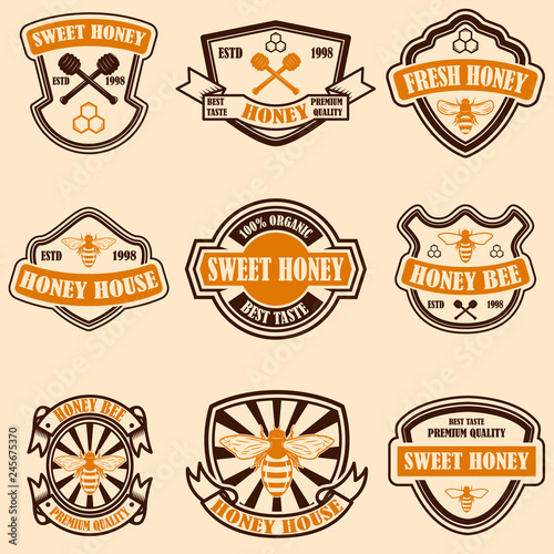 Set of vintage honey labels template. Bee icons. Design element for logo, label, emblem, sign, poster.
