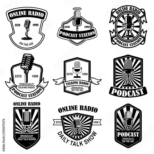 Set of vintage podcast, radio emblems with microphone. Design element for logo, label, sign, badge, poster.