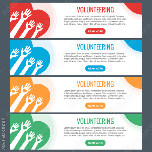 Volunteer web banner templates. Hands with hearts. Raised hands volunteering vector concept. 