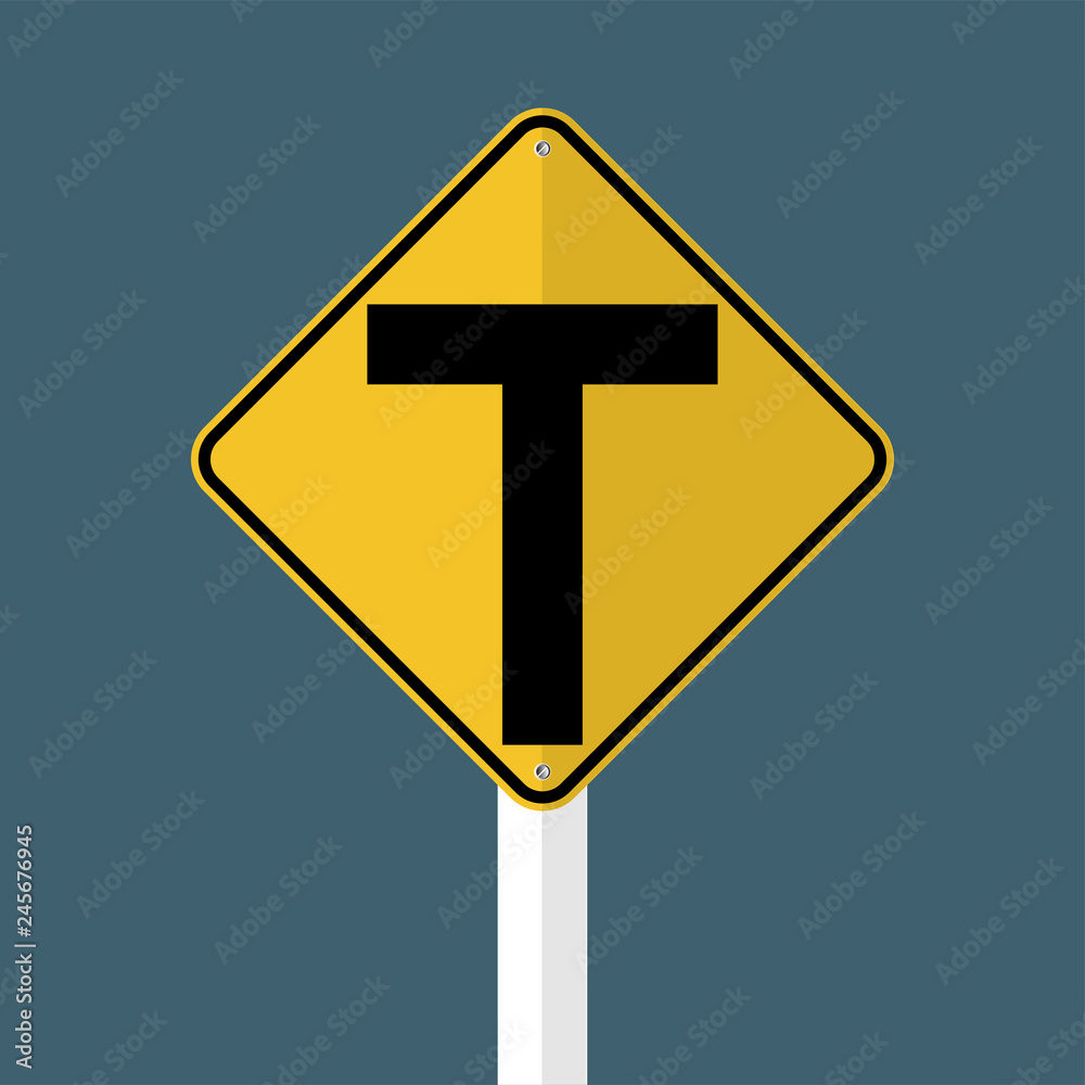 Junction ahead,The main intersection is T-shaped.sign isolated on grey sky background.Vector illustration
