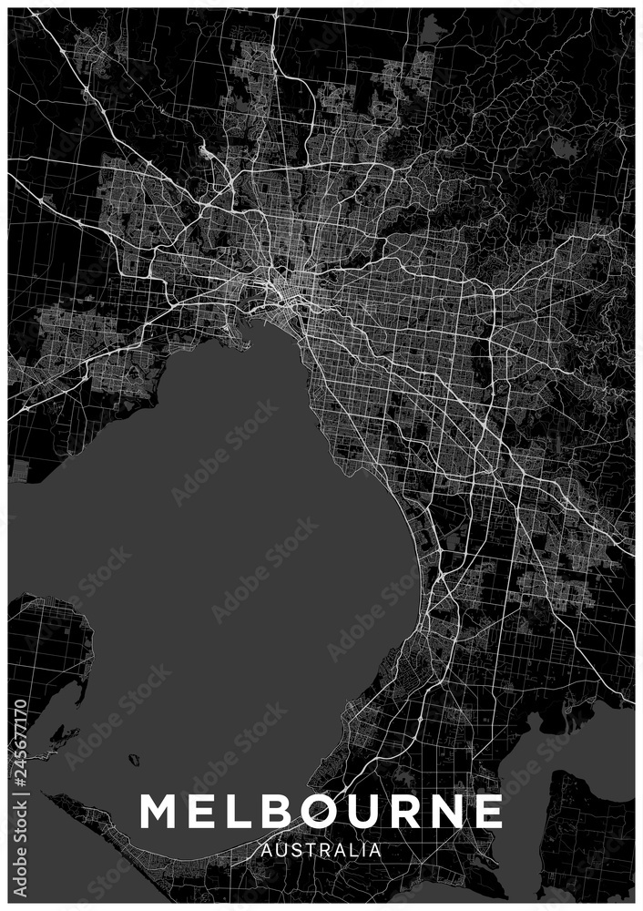 Fototapeta premium Mapa miasta Melbourne (Australia). Czarno-biały plakat z mapą Melbourne. Schemat ulic i dróg Melbourne.