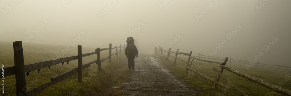road in the fog over which the traveler