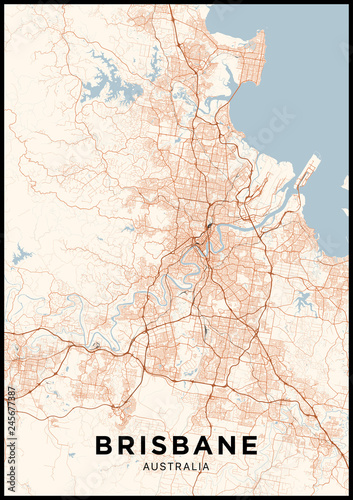 Brisbane (Australia) city map. Poster with map of Brisbane in color. Scheme of streets and roads of Brisbane.