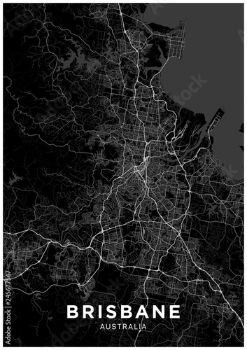 Brisbane (Australia) city map. Black and white poster with map of Brisbane. Scheme of streets and roads of Brisbane.