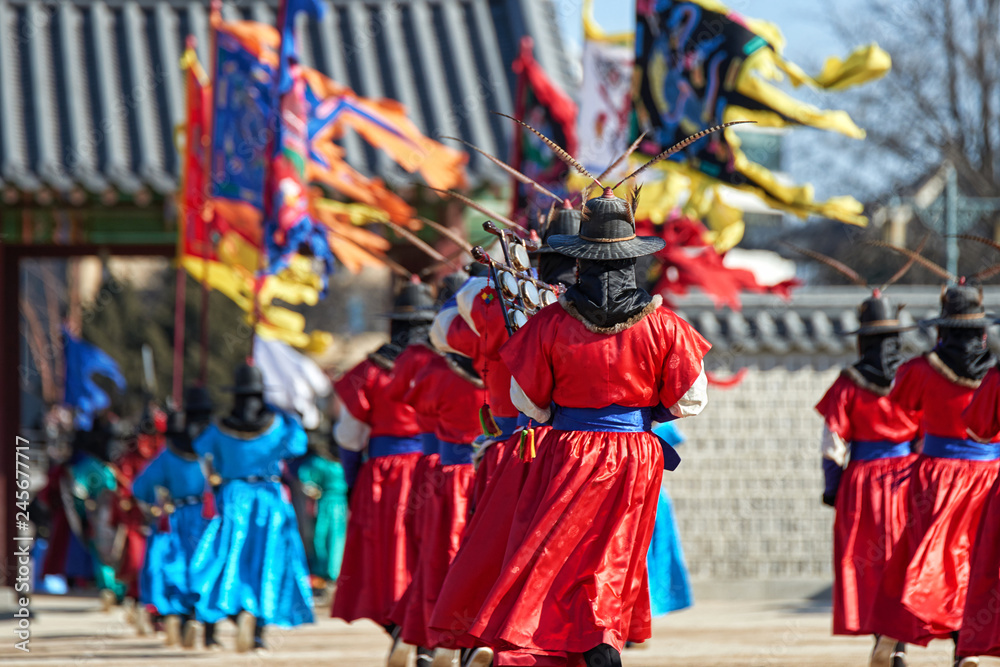Seoul, South Korea - January 17, 2019: January 17, 2019 dressed in traditional costumes from Gwanghwamun gate of Gyeongbokgung Palace Guards. Korean traditional events
