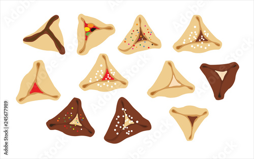 hamantaschen - jewish traditional cookies for Purim on a white background- Oznei Haman