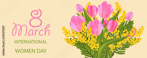 Bouquet of mimosa and pink tulips. Desing for March 8 International Women's Day with flowers. Vector